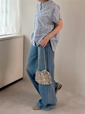「＆HALF（アンドハーフ）のインド綿刺繍使いカットワーク半袖ブラウス（インド綿.インドコットン.コットン100%,綿100%）（シャツ/ブラウス、ブルー系）」を使った、Sさん（レディース・156cm）の春コーディネート