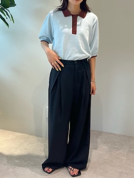 「r.（アールドット）の接触冷感　バイカラー半袖ポロニット（ポロシャツ、ブルー系）」を使った、Sさん（レディース・167cm）の夏コーディネート