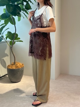 「r.（アールドット）の総レースキャミソール（キャミソール、ブラウン系）」を使った、Sさん（レディース・167cm）の夏コーディネート