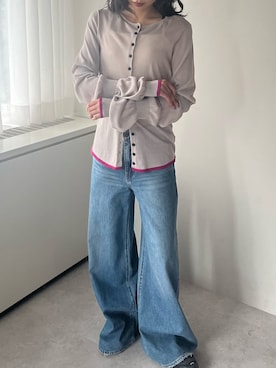 「leimn（レイムン）のシアーリブパフスリーブカーディガン（カーディガン/ボレロ、グレー系）」を使った、Sさん（レディース・156cm）の春コーディネート