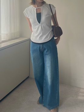 「leimn（レイムン）のディープVネックフレンチスリーブトップス（Tシャツ/カットソー、ホワイト系）」を使った、Sさん（レディース・156cm）の春コーディネート