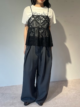 「Bonjour Sagan（ボンジュールサガン）のタックワイドバックゴムパンツ（その他パンツ、グレー系）」を使った、Sさん（レディース・156cm）の春コーディネート