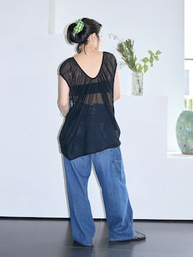 「Lee（リー）のLEE 別注 PAINTER PANTS：デニムパンツ（デニムパンツ、ブラック系）」を使った、MINNYさんの夏コーディネート