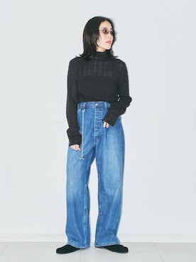 「CITYSHOP（シティーショップ）のSTRETCH LACE HIGH NECK TOP：カットソー（Tシャツ/カットソー、ブラック系）」を使った、MINNYさんの夏コーディネート