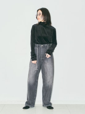 「CITYSHOP（シティーショップ）のSHEER VELOR HIGH NECK TOP：カットソー（Tシャツ/カットソー、ブラック系）」を使った、MINNYさんの夏コーディネート