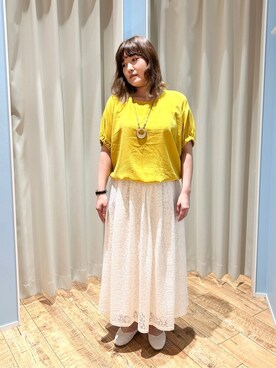 「DRESKIP（ドレスキップ）の【高レビュー/UV/ひんやり/洗濯後しわになりにくい/5分袖】さらさら ドルマントップス（シャツ/ブラウス、イエロー系）」を使った、Hikaさん（レディース・157cm）の春コーディネート