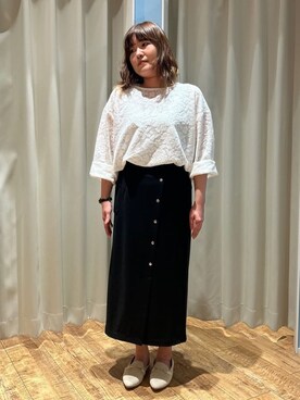 「DRESKIP（ドレスキップ）の【前後2WAY/S-LL】メッシュ×レースがこなれ見え リボントップス（Tシャツ/カットソー、ホワイト系）」を使った、Hikaさん（レディース・157cm）の春コーディネート