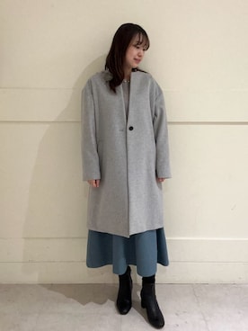 「UNTITLED（アンタイトル）の【ゆったり/軽やか】カシミヤ混ノーカラーコート（ノーカラーコート、グレー系）」を使った、サキさん（レディース・155cm）の冬コーディネート