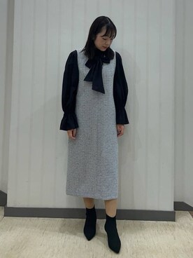 「UNTITLED（アンタイトル）の【セレモニー/華やか】2WAYボウタイブラウス（シャツ/ブラウス、ブラック系）」を使った、サキさん（レディース・155cm）の冬コーディネート