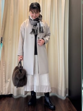 「UNTITLED（アンタイトル）の【ゆったり/軽やか】カシミヤ混ノーカラーコート（ノーカラーコート、ベージュ系）」を使った、Ayaさん（レディース・160cm）の冬コーディネート
