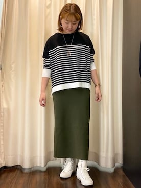「UNTITLED（アンタイトル）の【体型カバー/透けにくい】ワイドシルエットニット（ニット/セーター、ブラック系）」を使った、Ayaさん（レディース・160cm）の春コーディネート
