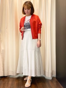「UNTITLED（アンタイトル）の【体型カバー/日除け】シアーニットカーディガン（カーディガン/ボレロ、オレンジ系）」を使った、Ayaさん（レディース・160cm）の春コーディネート