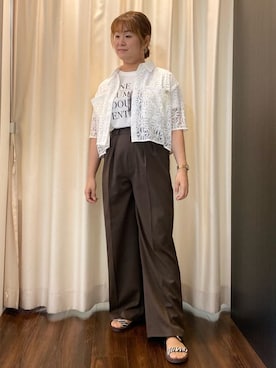 「cloenc（クロエンス）の【手洗い可】レースポロシャツ（シャツ/ブラウス、ホワイト系）」を使った、Ayaさん（レディース・160cm）の夏コーディネート