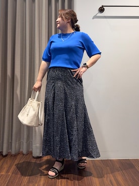 「grove（グローブ）の新色入荷！【貴島明日香さん着用・シリーズ累計34万枚】やわらかドライタッチ 五分袖クルーネックニット（ニット/セーター、ブルー系）」を使った、Tomoさん（レディース・159cm）の春コーディネート