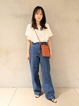 「cloenc（クロエンス）の【マシンウォッシュ】ラッフルプルオーバー（Tシャツ/カットソー、ホワイト系）」を使った、kanaさん（レディース・156cm）の夏コーディネート