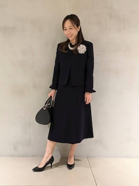 「UNTITLED（アンタイトル）の【通勤スーツ】ノーカラージャケット（ノーカラージャケット、ブルー系）」を使った、kanaさん（レディース・156cm）の冬コーディネート