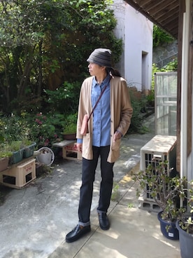 「Paraboot（パラブーツ）のアイテム（ローファー、ブルー系）」を使った、ヨゴロウザさん（メンズ・172cm）の春コーディネート