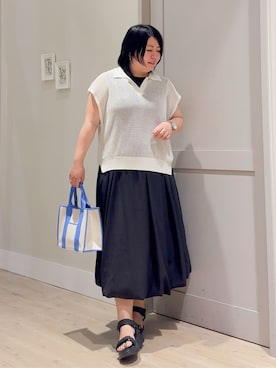 「grove（グローブ）の取り入れるだけで旬顔 メッシュ編みポロニット（ニット/セーター、ホワイト系）」を使った、sasaさん（レディース・161cm）の夏コーディネート