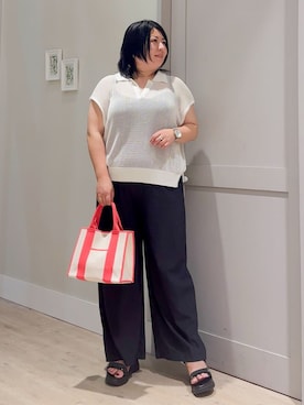 「grove（グローブ）の取り入れるだけで旬顔 メッシュ編みポロニット（ニット/セーター、ホワイト系）」を使った、sasaさん（レディース・161cm）の夏コーディネート