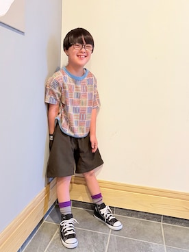 「CONVERSE ALL STAR（コンバースオールスター）のCHILD ALL STAR Z HI / チャイルド　オールスター　Ｚ　ＨＩ（スニーカー、ブラック系）」を使った、hu-goさん（キッズ・120cm）の夏コーディネート