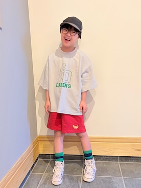 「Life Support Products（ライフサポートプロダクツ）の【プチプラ】デイリーショートパンツ（その他パンツ、レッド系）」を使った、hu-goさん（キッズ・120cm）の夏コーディネート