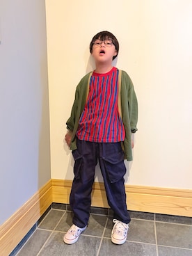 「MARKEY'S（マーキーズ）のヘリンボンツイルミリタリーパンツ（カーゴパンツ、ブルー系）」を使った、hu-goさん（キッズ・120cm）の夏コーディネート