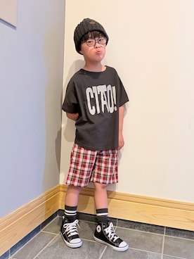 「MARKEY'S（マーキーズ）の【LSP WOW!】先染めチェックショートパンツ（その他パンツ、レッド系）」を使った、hu-goさん（キッズ・120cm）の夏コーディネート