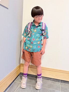 「b・ROOM（ビールーム）のアソート総柄ルーズワイドシャツ(セットアップ対応)（シャツ/ブラウス、ブラック系）」を使った、hu-goさん（キッズ・120cm）の夏コーディネート
