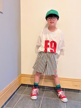 「LOWRYS FARM（ローリーズファーム）のＰＣショートＴＥＥ　683685（Tシャツ/カットソー、ホワイト系）」を使った、hu-goさん（キッズ・120cm）の夏コーディネート