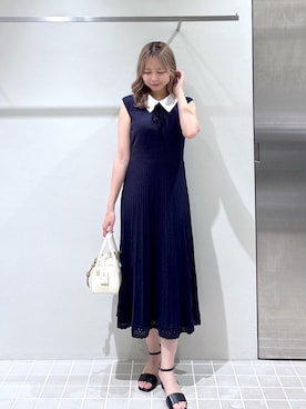 「NATURAL BEAUTY BASIC（ナチュラルビューティーベーシック）のシャツカラーナローリボンニットワンピース（ワンピース、ブルー系）」を使った、non🍓🫧さん（レディース・159cm）の夏コーディネート
