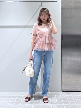 「NATURAL BEAUTY BASIC（ナチュラルビューティーベーシック）の【追加生産】カットドビーティアードカットソー（Tシャツ/カットソー、ピンク系）」を使った、non🍓🫧さん（レディース・159cm）の夏コーディネート