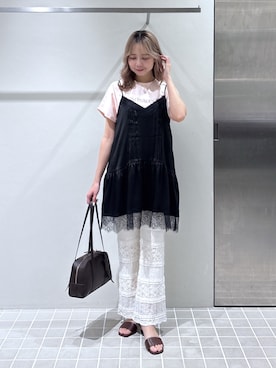 「N.（N. Natural Beauty Basic）（エヌエヌナチュラルビューティーベーシック）のサテンレースキャミ（キャミソール、ブラック系）」を使った、non🍓🫧さん（レディース・159cm）の夏コーディネート