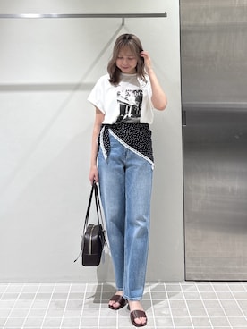 「NATURAL BEAUTY BASIC（ナチュラルビューティーベーシック）のフォトプリントTシャツ（Tシャツ/カットソー、ホワイト系）」を使った、non🍓🫧さん（レディース・159cm）の夏コーディネート