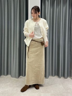 「DouDou（ドゥドゥ）のチュールフロッキーシアー切替TEE（Tシャツ/カットソー、ホワイト系）」を使った、doudoumisakiさん（レディース・160cm）の秋コーディネート