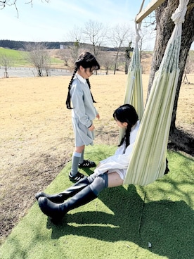 「Heather（ヘザー）の【累計8万本】楽ちんなのに美脚！秋冬No.1ブーツ　インヒールストレッチロングブーツ　571563（ブーツ、ブラック系）」を使った、おははさん（キッズ・160cm）の春コーディネート