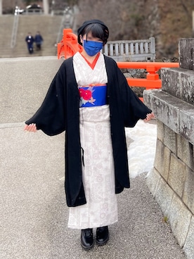 「着物」｜「アイテム（ハンチング/ベレー帽）」を使った、kaoriさん（レディース・154cm）の冬コーディネート