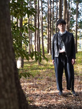「アイテム（ライダースジャケット）」を使った、mino さん（メンズ・168cm・30代）の冬コーディネート