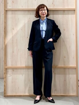「THE SHOP TK （ザ ショップ ティーケー ）の【通勤スタイルに】ダブルクロス ノーカラージャケット/セットアップ可（ノーカラージャケット、ブルー系）」を使った、nakoさん（レディース）の冬コーディネート