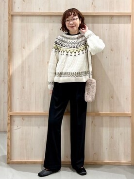 「THE SHOP TK （ザ ショップ ティーケー ）の上品さと少しの遊び心を モール求心柄ニット（ニット/セーター、ベージュ系）」を使った、nakoさん（レディース）の冬コーディネート
