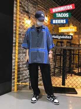 「DANKE SCHON（ダンケシェーン）のDankeSchon/ダンケシェーン/パネルペイズリー半袖シャツ（シャツ/ブラウス、ブルー系）」を使った、オダジマ ミユキ【LHP WOMEN】さん（レディース・160cm）の夏コーディネート