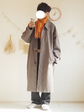 「チェック柄に恋してる」｜「アイテム（ステンカラーコート）」を使った、ぺいさん（メンズ・168cm）の秋コーディネート