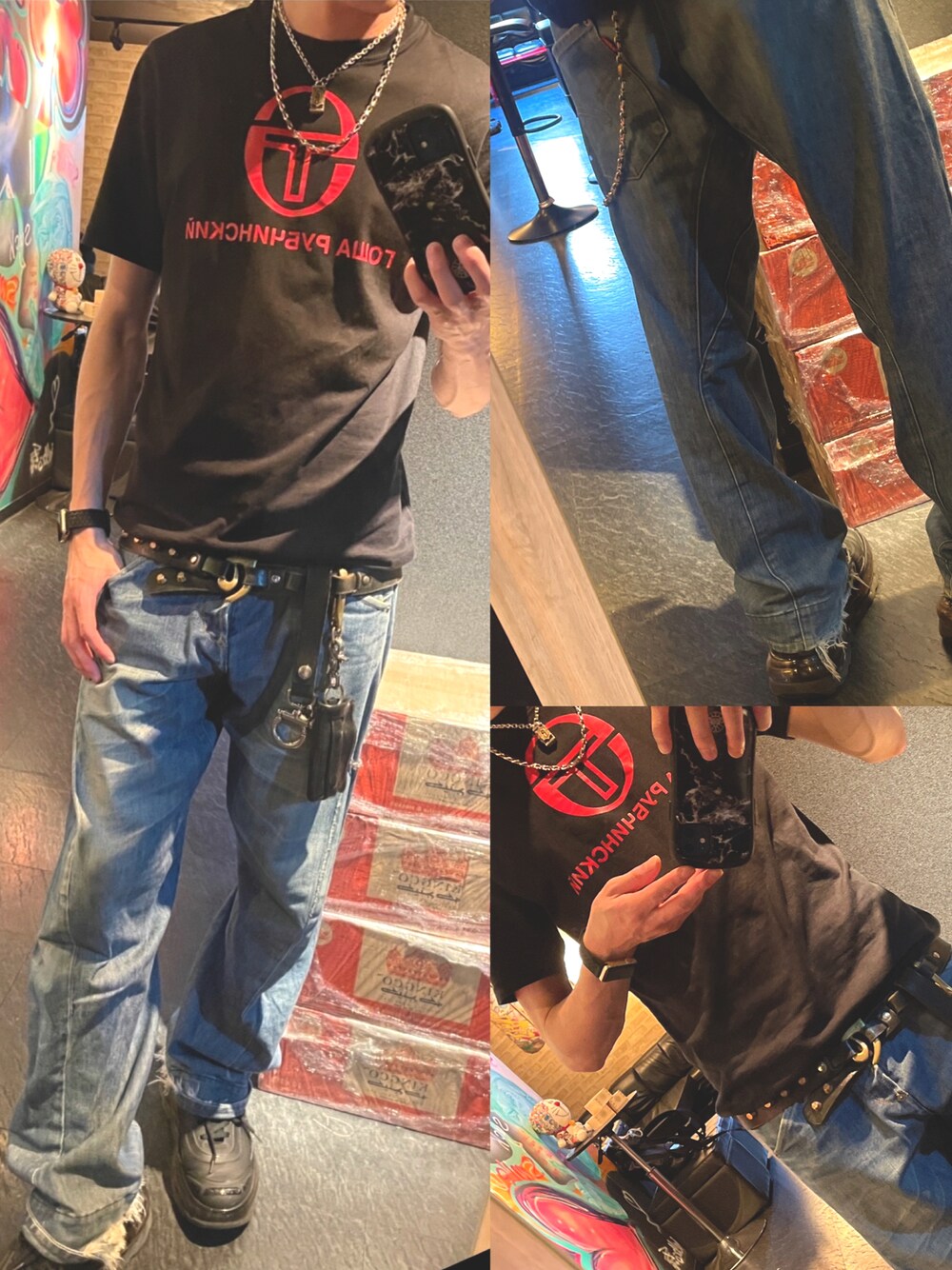 「デニム、Levi's、vintage、Engineered Jeans、gosharubchinskiy、ゴーシャラブチンスキー」｜「Gosha Rubchinskiyのアイテム（Tシャツ/カットソー、ブラック系）」を使った、ハヤシ"TIG"タイゴさん（メンズ・172cm）の夏コーディネートの1枚目の写真