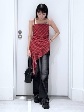 「アイテム（チュニック、レッド系）」を使った、みくさん（レディース・155cm）の夏コーディネート