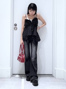 「アイテム（バッグ、レッド系）」を使った、みくさん（レディース・155cm）の夏コーディネート