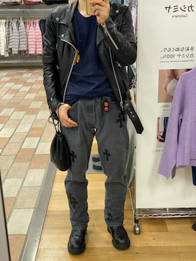 「アイテム（ライダースジャケット）」を使った、朧さん（メンズ・172cm）の秋コーディネート