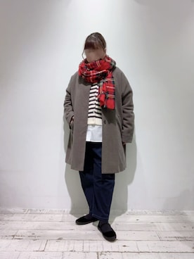「ボーダートップス」｜「アイテム（ノーカラーコート）」を使った、naさん（レディース・155cm）の冬コーディネート
