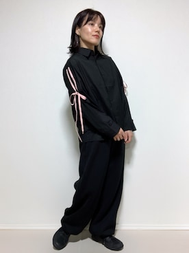 「miette（ミエット）の2wayリボンスリーブシャツ（シャツ/ブラウス、ブラック系）」を使った、lunayumiさん（レディース・161cm）の春コーディネート