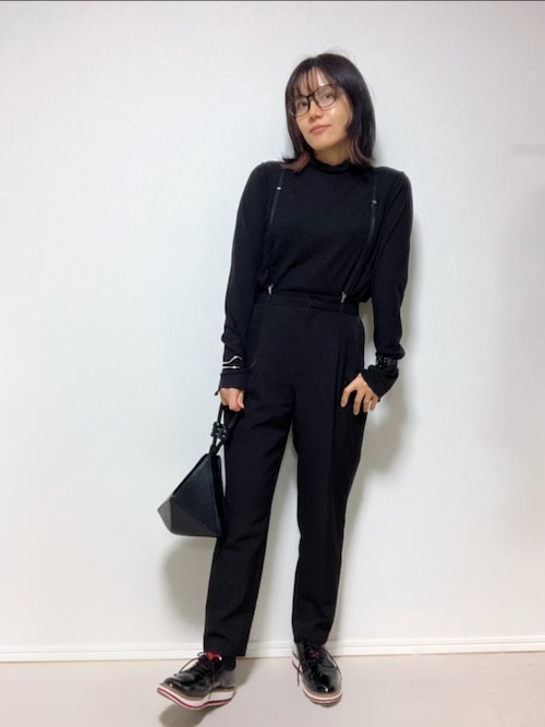 リミフゥ　LIMI feu 黒 サスペンダー　ガウチョパンツ LAWN WAIST STRING TUCK PANTS LPー