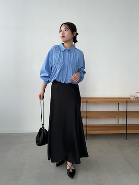 「CAPRICIEUX LE'MAGE（カプリシューレマージュ）のバルーンクロップシャツ（シャツ/ブラウス、ブルー系）」を使った、mami_lemageさん（レディース・158cm）の春コーディネート