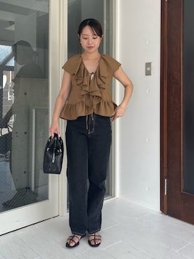 「CAPRICIEUX LE'MAGE（カプリシューレマージュ）のフリルカラーブラウス（シャツ/ブラウス、イエロー系）」を使った、mami_lemageさん（レディース・158cm）の夏コーディネート
